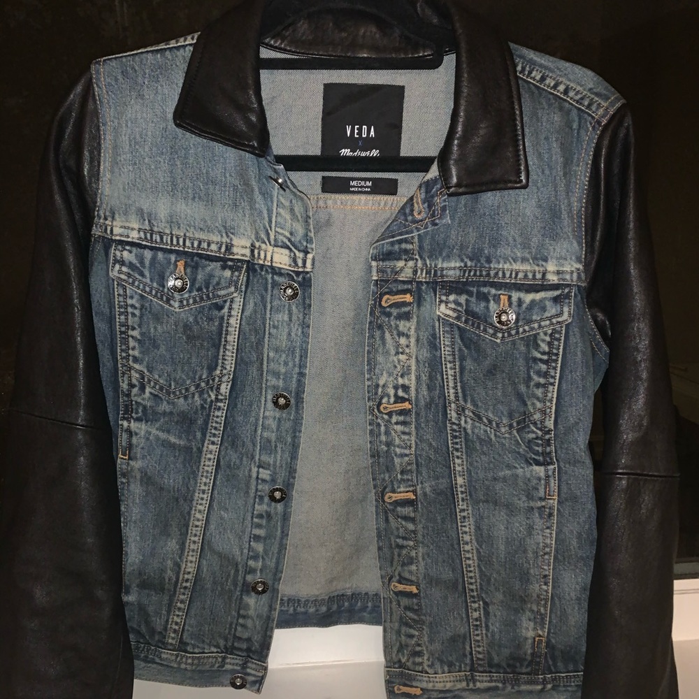 Madewell x VEDA denim jacket with leather sleeves